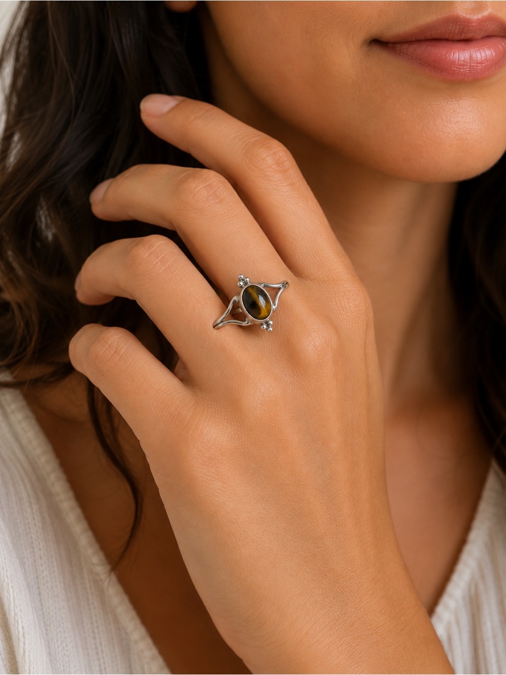 Sterling Silver Oval Tiger's Eye Ring in Brown
